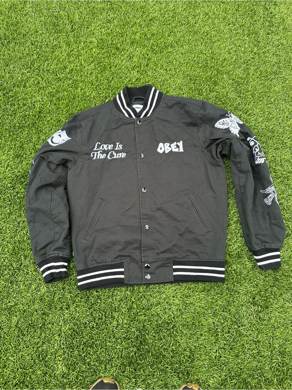 Obey Love Is The Cure Varsity Jacket Black Embroidered Graphic Size S